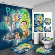 Anime Waterproof Shower Curtain 4-Piece Set With Hooks, Interesting Cartoon Pattern Bathroom Decor, Durable Washable Fabric Shower Curtain, Suitable For Home Bathroom Accessories - A - View 1