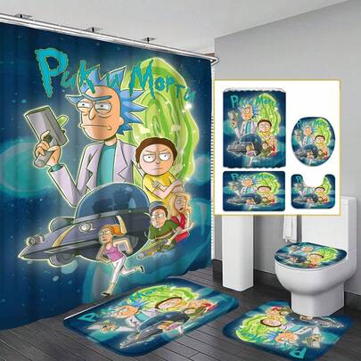 Rick And Morty Anime Waterproof Shower Curtain 4-Piece Set With Hooks, Interesting Cartoon Pattern Bathroom Decor, Durable Washable Fabric Shower Curtain, Suitable For Home Bathroom Accessories