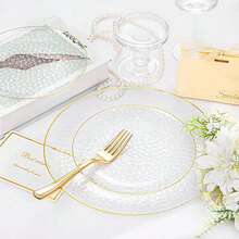 50/25/10pcs Elegant Transparent Gold-Rimmed Dinnerware Set, Salad Plates, Hammered Pattern Design Plates For Serving Desserts, Dishes, Steaks, Pasta, Cakes, Snacks, Fruit Platters - Perfect For Parties And Weddings: Birthday Parties, Weddings, Mother's Day, Mother's Day Gifts, All Kinds Of Parties (Kitchen Utensils, Full Tableware Set, Plates, Serving Trays, Kitchen Accessories) - 無色 - 查看 10