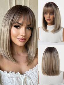 Tóc giả tổng hợp màu nâu ombre 12 inch dành cho nữ, chịu nhiệt, có mái, kiểu tóc bob nhiều lớp màu vàng tro ombre, thích hợp cho cả mặc hàng ngày và dự tiệc. - Màu nâu ombre - Xem 2