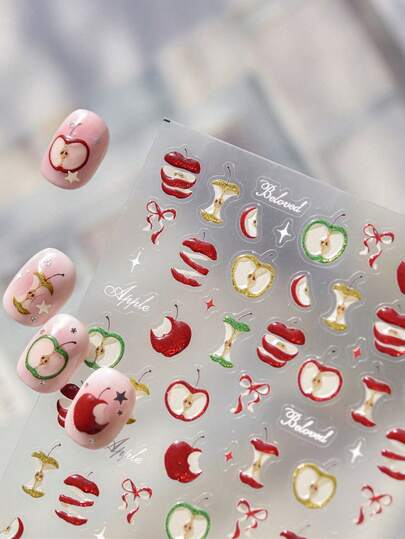 1 Piece Of Red Green Gold Apple Core, Apple Slice, Bow, Star Burst Fruit, Butterfly, Shiny Jelly, Nail Art Sticker, Nail Art Sticker