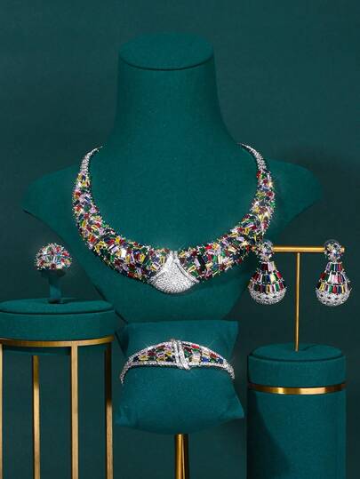 4 piezas Juego de joyería de lujo con diamantes completos: Collar, Aretes, Anillo, Pulsera, Circonita cúbica brillante blanca, Juego de joyería para mujer, Fiesta, Boda, Novia, Oriente Medio, Arabia Saudita, Dubái