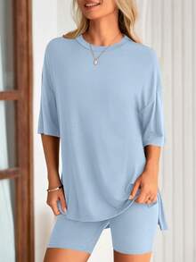 PRETTYGARDEN Women's Summer Clothes 2 Piece Sets Lounge Set Casual Oversized Shirts Biker Shorts Matching Airport Travel Sweatsuit Set Women Vacation Outfit Light Blue Summer Brunch Outfits For Women - 淺藍色 - 查看 6