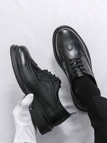 男士休闲复古系带正装鞋，透气布洛克风格婚礼及办公乐福鞋 - 黑色 - 查看 3