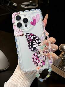 蝴蝶彩绘编织波浪边可拆卸手链简约防震加厚手机保护壳，印花图案，适用于 17/17 Pro/17 Pro Max、16 XR/7/8、15 Pro Max、12 Pro Max、13 Pro Max、14 Pro Max、13、14、11、12P、14、P11 软壳、P12 防摔、XS、XR、7/8P、7/8GES2 手机壳 - 彩色 - 查看 2