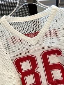 2026 New Retro 86 Number Print Knit Cover Up For Women, Red & White Contrast Star Pattern V-Neck Loose Sunscreen Top - Off White - View 4