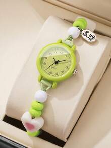 1pc/Set Cute & Fresh Heart Decor Beaded Bracelet Watch, Quartz Watch For Women & Students, Without Watch Box - Green - View 4