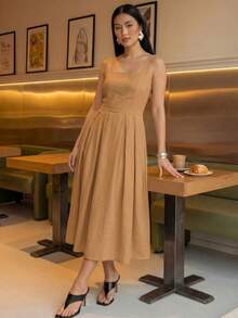 A&DD MODA,REF:MK09 - Women's Midi Dress With Elastic Straps And Pockets, Lightweight And Breathable Summer Dress Made Of Linen Fabric, Sweet And Slim Square Neckline, Sleeveless, Fitted Waist And A-Line Skirt, Suitable For Women - 棕色 - 查看 3