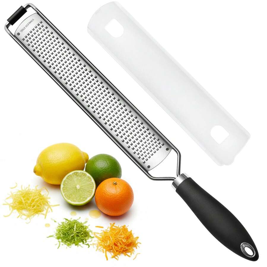 Stainless Steel Lemon Zester With Handle - Garlic, Cheese, Parmesan, Nutmeg, Lime, Ginger Grater - Heavy Duty Kitchen Tool - Citrus Zester With Blade Guard - Julienne - Black - Black - View 1