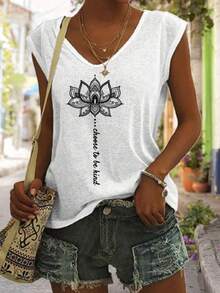 Women's Basic Printed Tank Top - "Lotus Flower" Style, Sleeveless, Round Neck, 100% Cotton, Spring/Summer Fashion - trắng - Xem 1