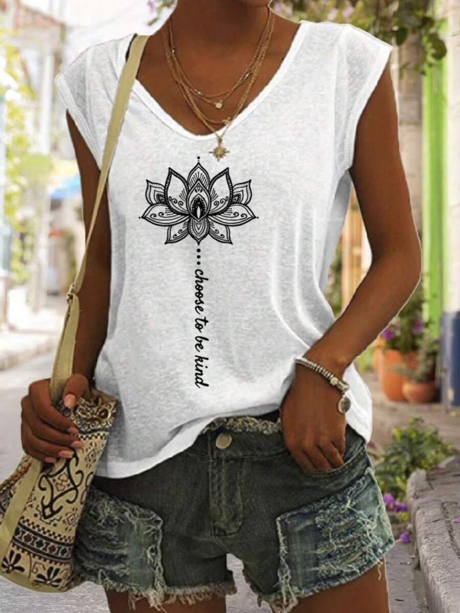 Women's Basic Printed Tank Top - "Lotus Flower" Style, Sleeveless, Round Neck, 100% Cotton, Spring/Summer Fashion - trắng - Xem 1