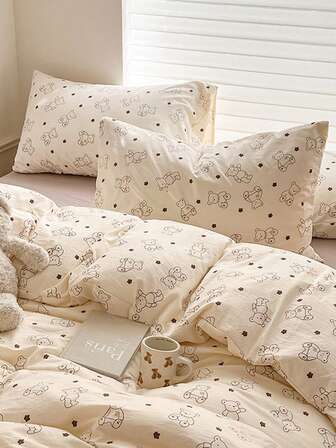 4pcs Soft Cream Teddy Bear Bedding Set (1 Duvet Cover + 2 Pillowcases + 1 Flat Sheet, Excluding Comforter & Pillow), Microfiber Fabric, Suitable For Master Bedroom/Guest Room/Dorm, High-Definition Printing, Machine Washable, Available In Small/Large/Single/Double Size