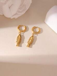 1 Pair Elegant Minimalist 18K Stainless Steel Matte Finish Small Fish Pendant Earrings, Suitable For Women's Holiday Outfits And Party Essentials - Gold - View 6