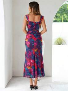 Women's Summer Floral Mesh Ruched Sleeveless Fitted Formal Wedding Guest Party Maxi Dress - 紫底紅花 - 查看 4