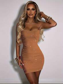性感亮片褶皱紧身派对婚礼宾客连衣裙，优雅夏季度假迷你连衣裙 - 棕色 - 查看 5