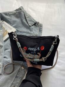 Bolso de hombro mini con bordado de perro salchicha, bolso cruzado casual y versátil, bolso diario para estudiantes - Negro - Ver 7