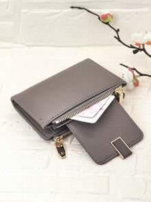 New Women's Snap Closure Short Wallet, Delicate Soft PU Dual-Layer Zipper Coin Purse Card Holder, Minimalist Fashionable Lightweight - Grey - View 6