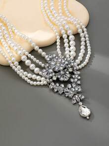 【奢华珍珠项链】优雅多层仿珍珠项链 - 奢华水晶吊坠，女士派对宴会配饰 - 珍珠款 - 查看 5