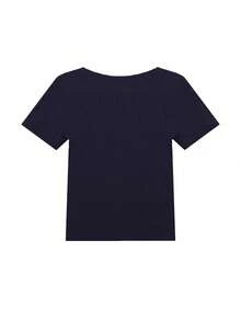 U-Neck Short Sleeve T-Shirt, Stretchy Slim Fit Solid Color All-Match Tee Casual Summer - Navy Blue - View 3