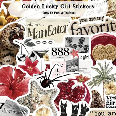 50张金色幸运女孩贴纸，可用于滑板、吉他、行李箱、笔记本电脑、手机壳等装饰，DIY涂鸦贴纸