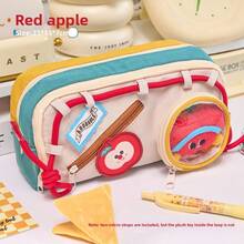 Cute Pencil Case, Suitable For Middle And High School Girls, Large Capacity, High-Quality Pencil Bag, Multi-Layer Stationery Box - Color-blocked Drawstring - Red Apple *Doll Not Included - View 6