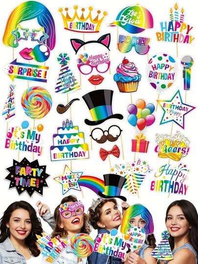 30 piezas Decoración de fiesta de cumpleaños, Accesorios divertidos para cabina de fotos, Juego de decoración de fiesta de cumpleaños, Adecuado para Halloween, Navidad, Año Nuevo y otros eventos festivos