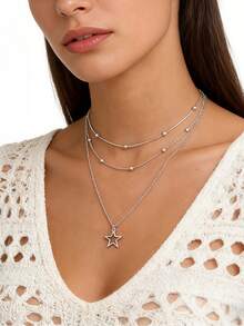 1 pieza Collar de estrella hueca multicapa, adecuado para el uso diario casual de las mujeres - Plateado - Ver 4