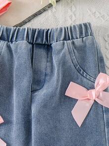 2pcs Baby Girl Casual Fashion 3D Bow Pink Short Sleeve T-Shirt Top And Bow Denim Long Pants Set - Pink - View 7