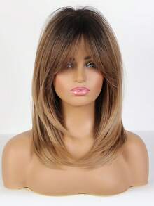 18 Inch Long Straight Brown Ombre Wig With Middle Part Bangs, Heat Resistant Synthetic Ombre Brown Wig For Daily Wear, Cosplay, Party & Fashion Styling - Brown Ombre - View 4