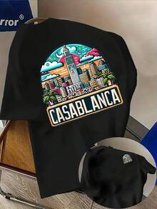 Graphic Tee Men, Vintage Travel Poster Short Sleeve T-Shirt, Hassan Tower Morocco Architecture Print, Retro Aesthetic Crewneck Blouse, Cityscape Vacation Essential Top - 黑色 - 查看 1