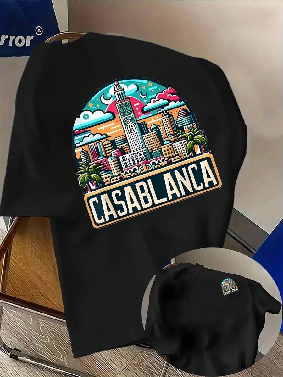 Graphic Tee Men, Vintage Travel Poster Short Sleeve T-Shirt, Hassan Tower Morocco Architecture Print, Retro Aesthetic Crewneck Blouse, Cityscape Vacation Essential Top - 黑色 - 查看 1