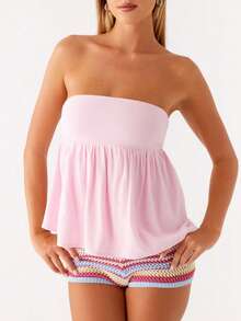 Women Sexy Strapless Ruffle Hem Tube Top Summer Solid Sleeveless Backless Tube Top Pleated Peplum Flowy Bandeau Top - Pink - View 4