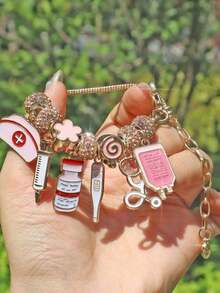 Pink Nurse Hat Charm Bracelet, Medicine Bottle & Syringe Pendant Charm Bracelet, Pink Nurse Stethoscope Bracelet, Pink Cosplay Bracelet - 護士節元素系列手鍊 - 查看 5