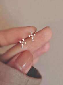 1 Pair S925 Sterling Silver Minimalist Mini Cross Cubic Zirconia Stud Earrings For Women - Cross-1 - View 1