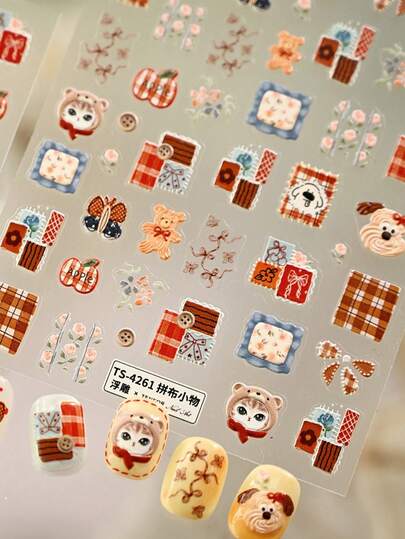 1 pieza Pegatinas de arte de uñas 5D acogedoras y caprichosas con estampado de oso, gato, manzana y cuadros en estilo vintage y floral acolchado para mujeres y niñas