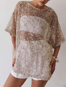 Women Sequin Sheer Short Sleeve Glitter T Shirt Sparkle See Through Crochet Cover Up Swimsuit Beach Shiny Mesh Blouse Top - 米色 - 查看 5
