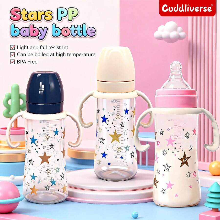 1个330毫升星形印花婴儿奶瓶，可爱图案，PP材质带手柄，加厚防摔，防胀气