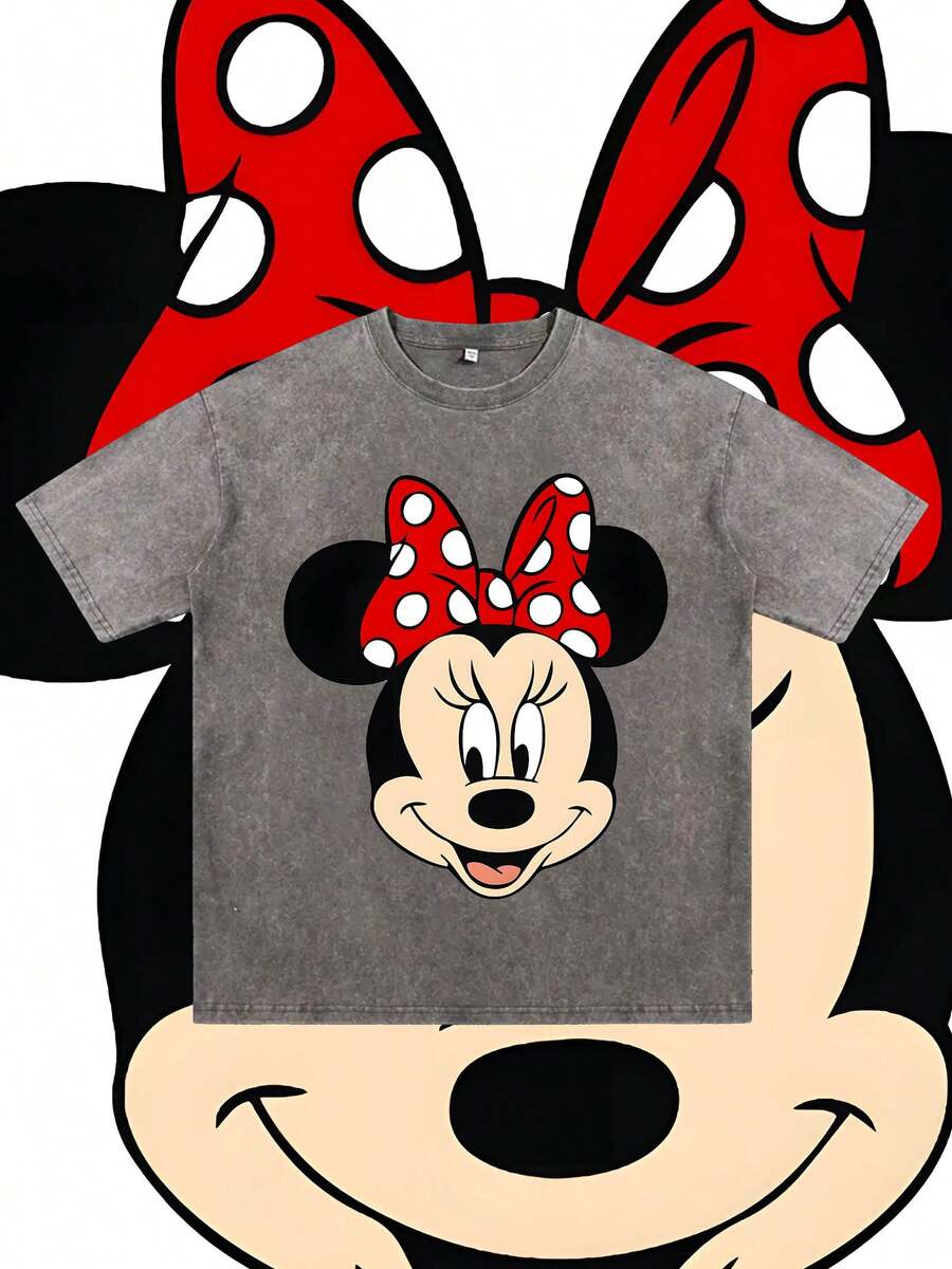Disney Minnie Mouse Pattern, Washed Pure Cotton Short-Sleeved Men's Summer T-Shirt, Distressed Effect, One-Piece Design, Pure Cotton Fabric, Comfortable And Breathable, Casual Outdoor Street Style, Crew Neck; A High-Quality Fashion Brand, It Is An Ideal Surprise Gift For Family And Friends. - 灰色 - 查看 1