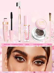 USHAS Mascara + Eyebrow Pencil + Eyeliner + Lip Oil Set, With Makeup Brush, Black Mascara + Black Eyeliner + Brown Eyeliner + Transparent Moisturizing Lip Oil, Cute Pink Packaging, Perfect Makeup Gift For Holidays, Anniversaries, Birthdays - #01 - View 3