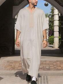 Men's Embroidered Robe, Moroccan Thobe, Solid Color Thawb, Men's Linen Pullover Gandoura, Traditional Arabic Men's Gandoura Thobe With Pockets - Apricot - View 1