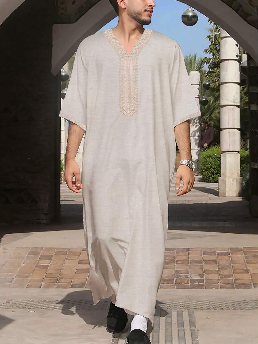 Men's Embroidered Robe, Moroccan Thobe, Solid Color Thawb, Men's Linen Pullover Gandoura, Traditional Arabic Men's Gandoura Thobe With Pockets - Apricot - View 1