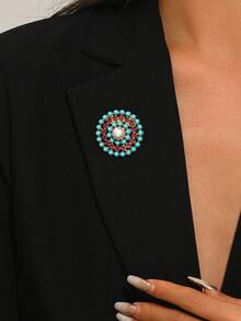 1pc Rhinestone & Seed Bead Hollow Round Brooch, Bohemian Style, Suitable For Women's Party & Gathering - Multicolor - View 2