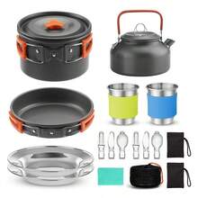 Camping Cooking Set, Camping Cookware For Outdoor Camping Travel Hiking , 14 Pieces Kitchenware Set Pots & Spoons Set Non-Stick Cookware Set, Aluminum Mess Kit With Frying Pan, Pot With Lid , Kettle Set And 2 Stainless Steel Plate, 2 Folding Cups And 2 Set Knives Fork  Spoons For Backpacking Picnic - 橘色 - 查看 10