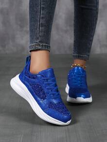 1 Pair Women's Thick Sole Casual Sneakers, Glitter Walking Shoes Platform Shoes, Blue - Blue - View 3