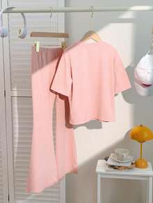 2 Stücke/Set Mädchen Sommer Top und Hose, locker sitzende Kurzarm T-Shirt mit "67" Buchstaben Muster, Top & weite Hose 2 Stücke Set, lässiger minimalistischer Stil, geeignet für Zuhause, Outdoor-Aktivitäten & Alltagstragen - Pink - Übersicht 3