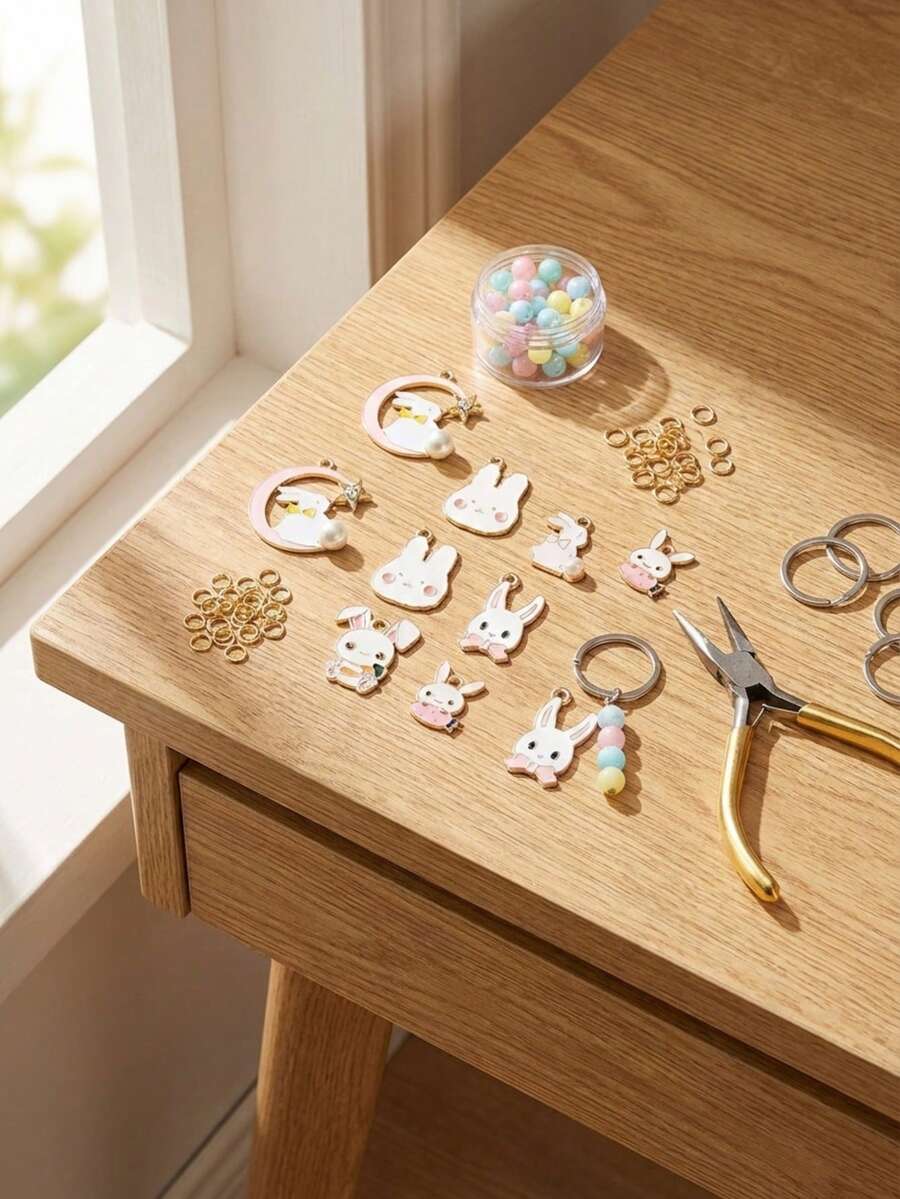 Easter Charms, Enamel Bunny Pendant, DIY Keychain Accessories, Alloy Rabbit Drops, Pearl Moon Charm, Carrot Bunny, Kawaii Jewelry Findings.