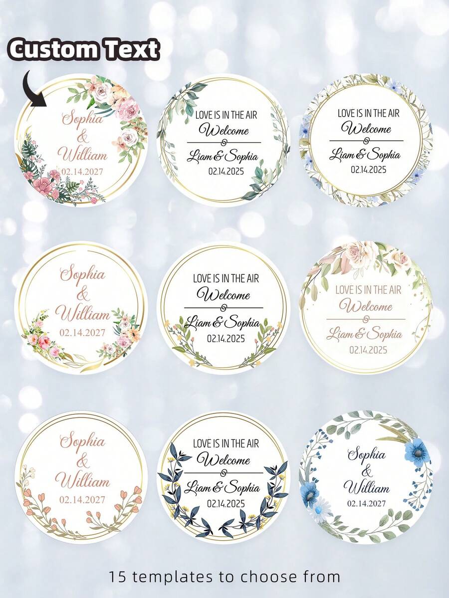 1-120pcs Custom Name Labels, Personalized Round Text Stickers, Customizable Thank You Stickers, Custom Text Wreath Stickers, Perfect For Weddings, Birthday Parties, Gift Boxes, Gift Bags, Invitations, Various Occasions, Elegant, Romantic, Stylish, Beautiful Floral Crown Design, Creative & Versatile, Ideal Gift For Husband, Wife, Boyfriend, Girlfriend, Friends, Family, Great For Weddings, Engagements ,Diy Kits - Multicolor - View 1