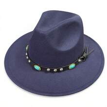 Felt Fedora Hat With Leather Band And Emerald, Medium Brim - 藏蓝色 - 查看 3