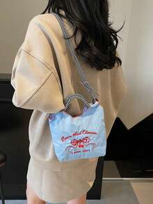 Sweet Girl Style Butterfly Embroidery Nylon Bag, Black & White Woven Strap Tote Shoulder Bag - Blue - View 4