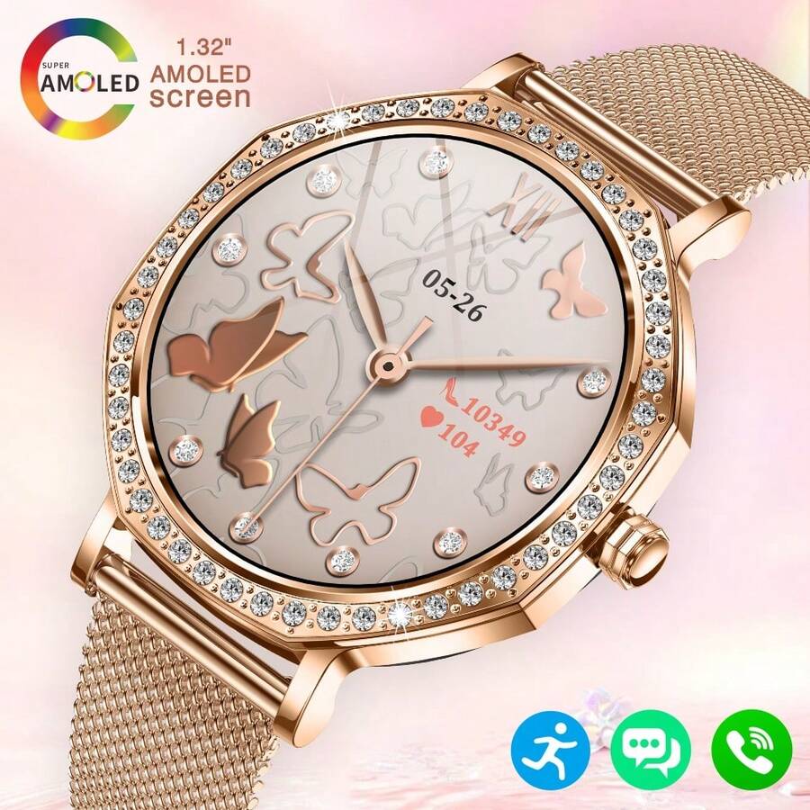 Damen Smartwatch, 1,32-Zoll AMOLED Vollbildschirm, kabellose Anrufe, über 100 dynamische Modi, Foto-Steuerung, Menstruations-Erinnerung, Sitzend-Erinnerung, Informations-Push, Schrittzähler, Trainingsaufzeichnung, Kalorienverbrauch, Damen Uhr, Damen Uhr, Smartwatch - Übersicht 1